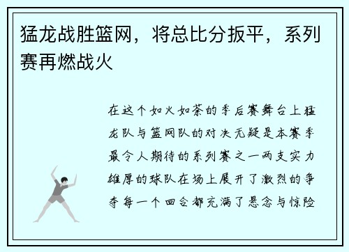 猛龙战胜篮网，将总比分扳平，系列赛再燃战火